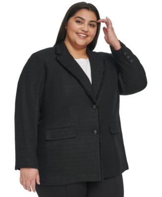 KARL LAGERFELD PARIS - Plus Size Fringe Trim Tweed Blazer