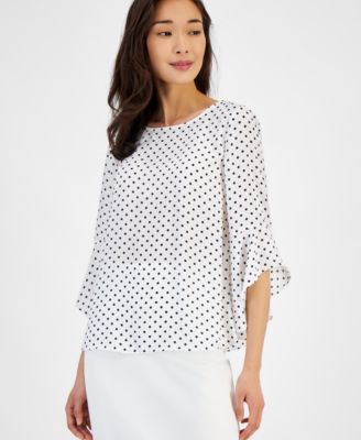 Kasper - Petite Dot-Print Crewneck Ruffle-Sleeve Top,