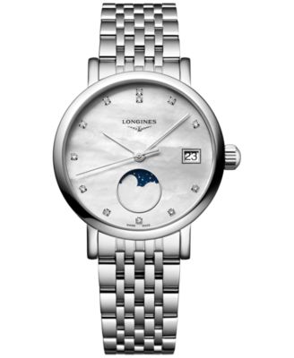 Longines - Women's Swiss Elegant Moonphase Diamond (1/20 ct. t.w.) Stainless Steel Bracelet Watch 30mm