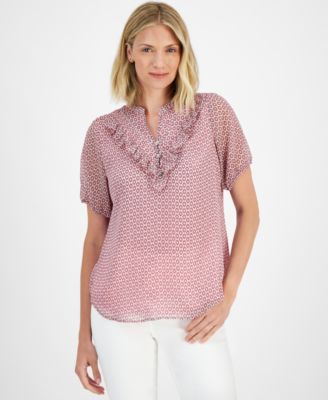 Nautica Jeans - Women's Printed Ruffle-Trim Short-Sleeve Top