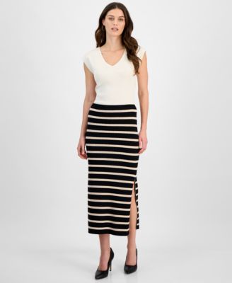 T Tahari - Women's Ribbed Striped Bodycon Midi Skirt