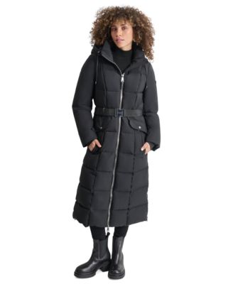 DKNY - Women's Mixed-Media Belted Hooded Maxi Puffer Coat