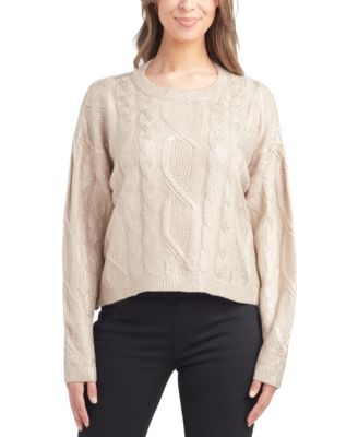 BCX - Juniors' Cable-Knit Crewneck Long-Sleeve Cropped Sweater