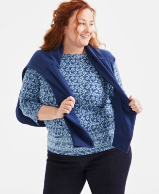 Style & Co - Plus Size Printed Cotton 3/4-Sleeve Top
