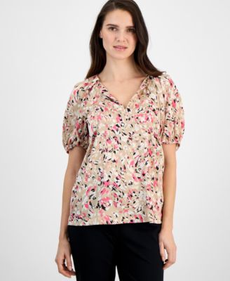 Anne Klein - Women's Balloon-Sleeve Split-Neck Top