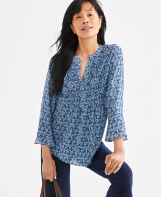 Style & Co - Petite Printed Pintuck 3/4-Sleeve Top
