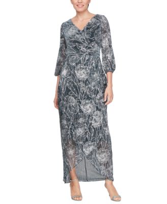 SL Fashions - Women's Metallic Print Blouson-Sleeve High-Low Gown