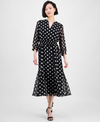 Anne Klein - Women's Polka-Dot Smocked Midi Dress