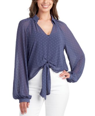 BCX - Juniors' Clip-Dot Balloon-Sleeve V-Neck Blouse