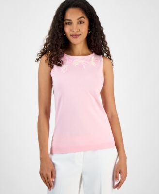 Kasper - Women's Embroidered Boat-Neck Sleeveless Top
