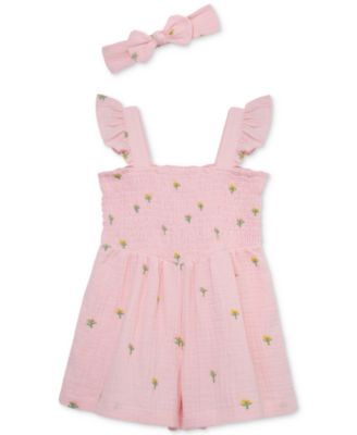 Little Me - Baby Girls Woven Cotton Floral Schiffli Romper & Headband, 2 Piece Set