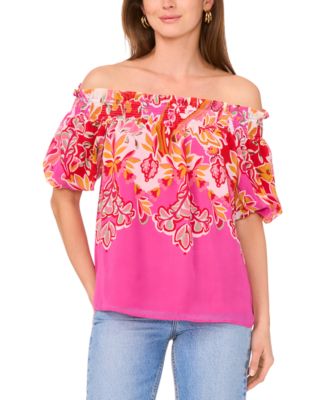 Sam & Jess - Women's Printed Smocked Off-The-Shoulder Top