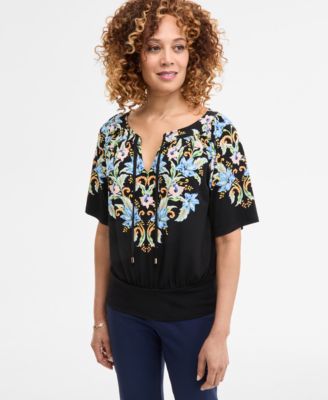 JM Collection - Women's Printed Split-Neck Elbow-Sleeve Top, Exclusively at Macy's