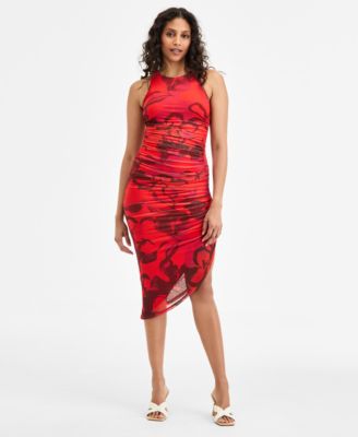 Bar III - Women's Printed Ruched Mesh Midi Dress